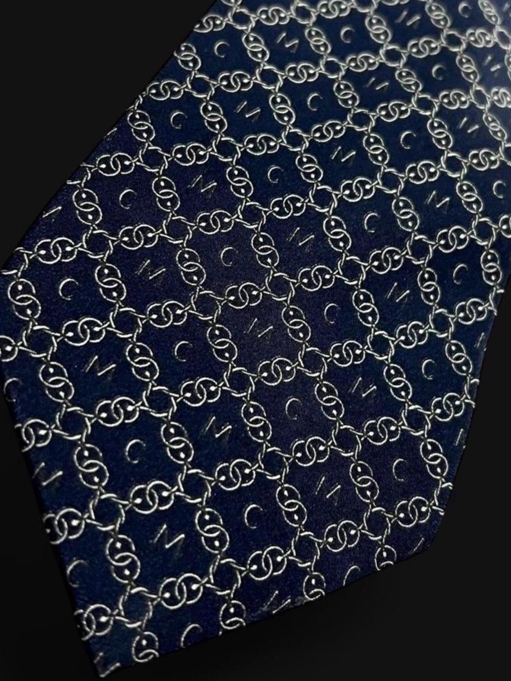 Vintage 90s MCM Silk Tie - Navy Blue Interlocking Chain Monogram